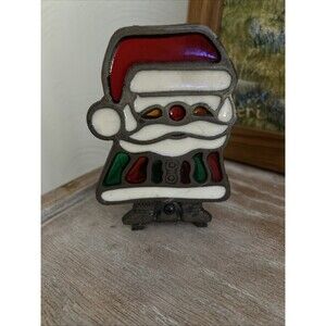 VTG Stained Glass Santa Votive Candle Holder Only Cast Iron Christmas